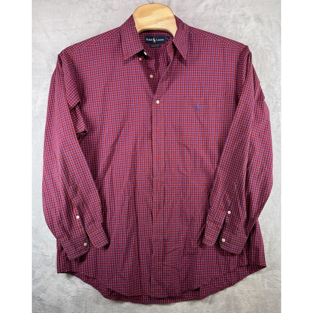 Ralph Lauren Cotton Classic Fit Button-Down Plaid Shirt Red Blue VTG Men's XL
